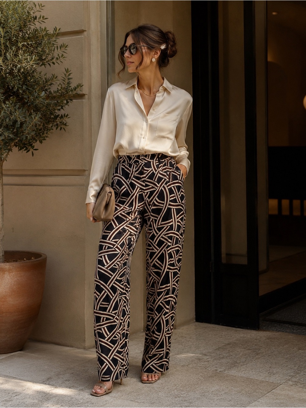 S’Max Mara 100% Silk Geometric Print Straight Leg Pants Navy Brown US 6